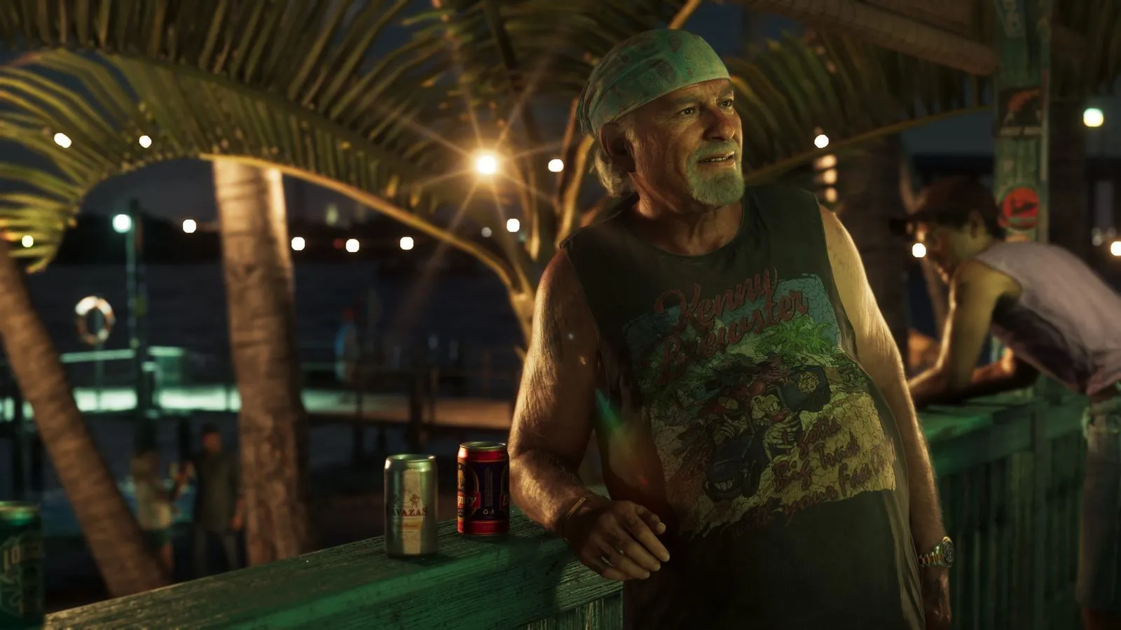 Brian Heder in a faded sleeveless Kenny Brewster tour tee and bright green paisley do-rag at a tiki bar