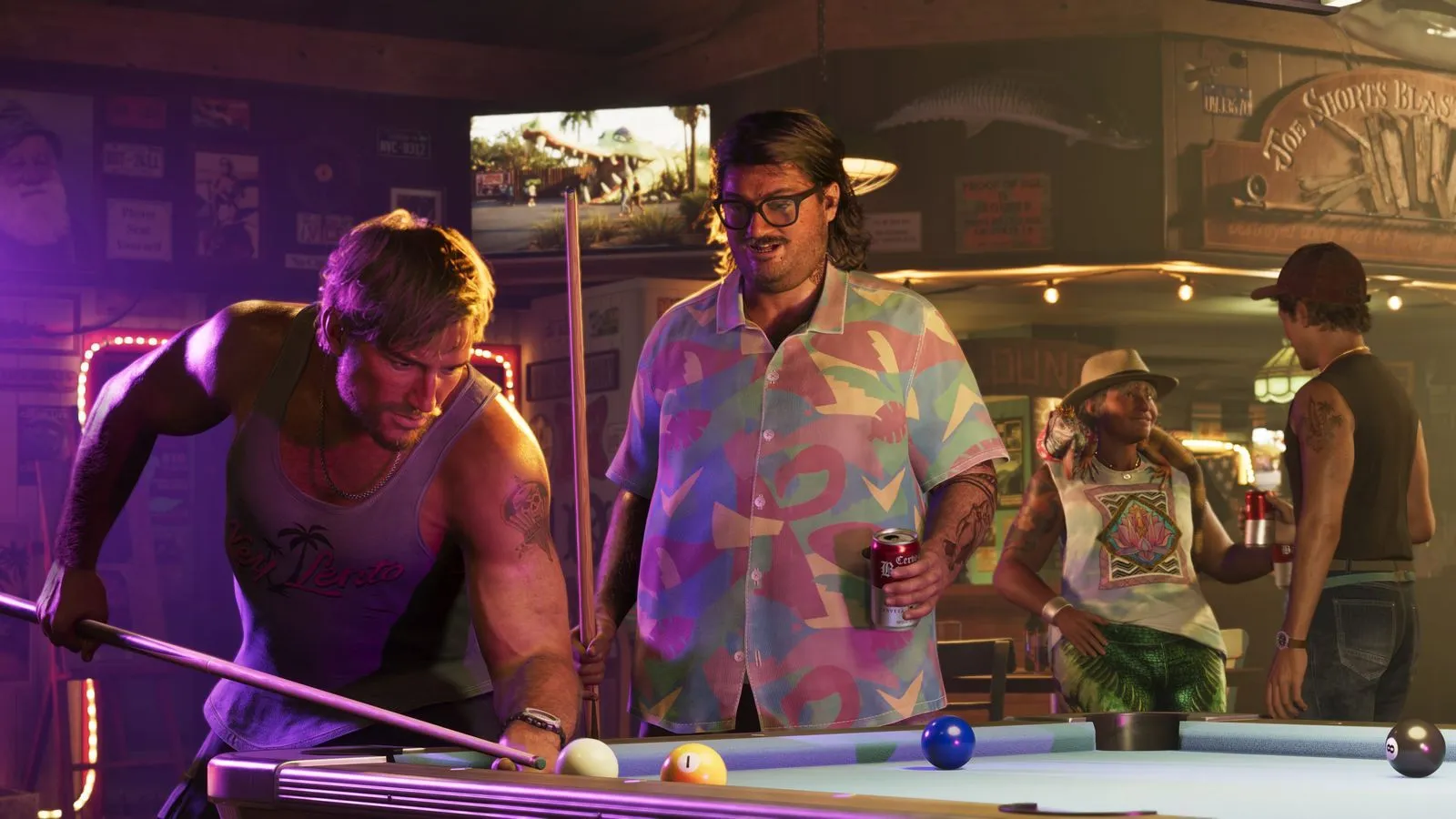 Cal Hampton at a pool hall in a pastel 80s geometric short-sleeve button-up, mullet, and chunky black glasses