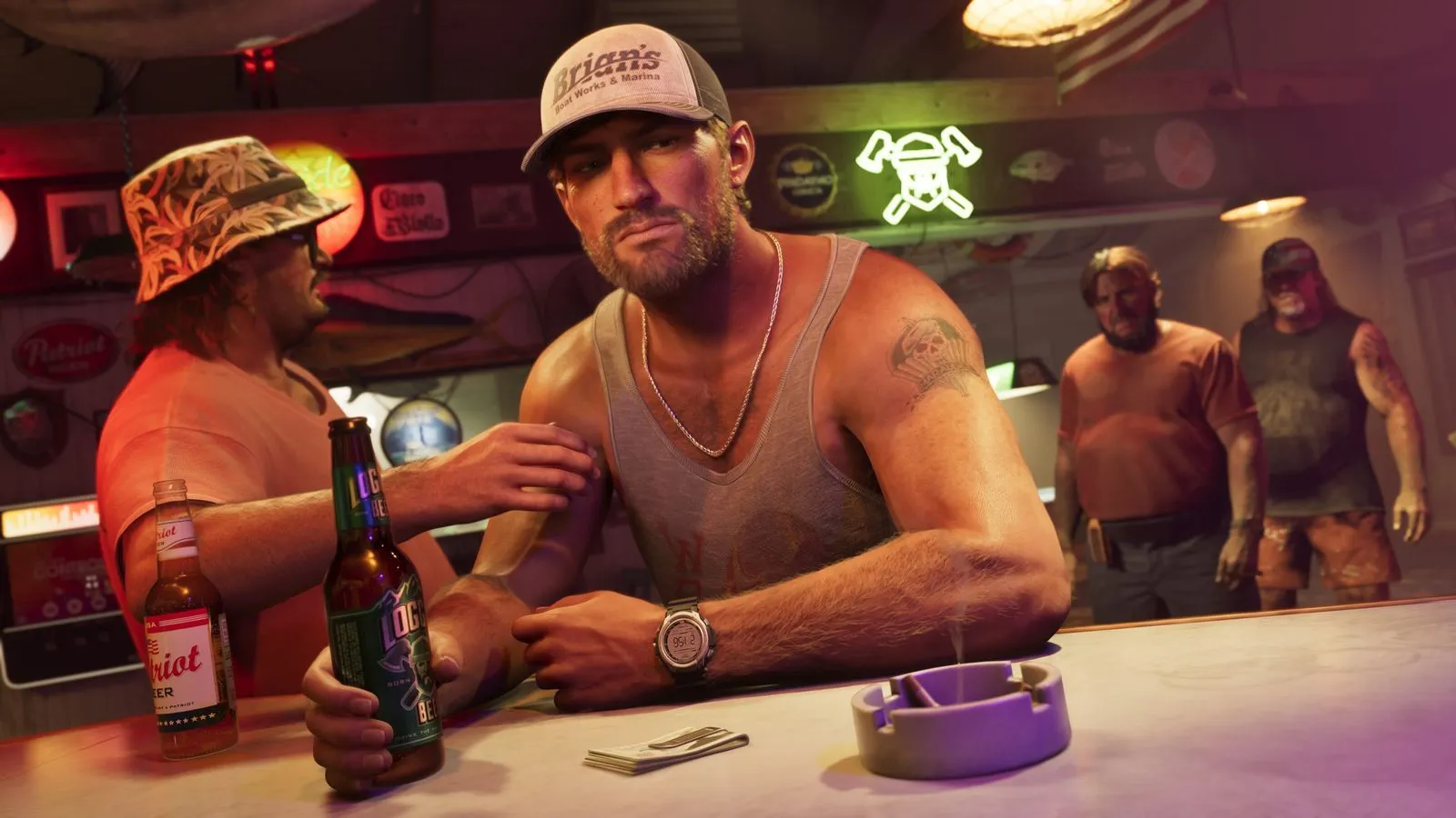 Jason Duval in a cream ribbed tank and Brian's Boat Works trucker hat at a neon-lit dive bar counter