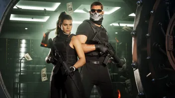 Jason and Lucia standing armed in a bank vault as banknotes fly around them in GTA 6