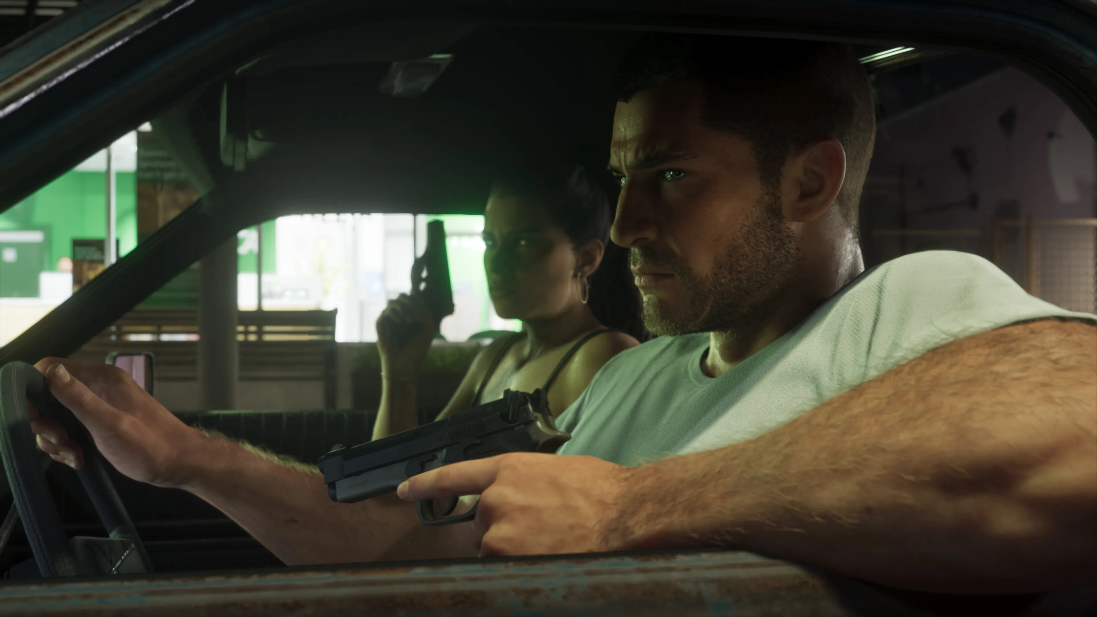 Jason and Lucia armed in a parked car