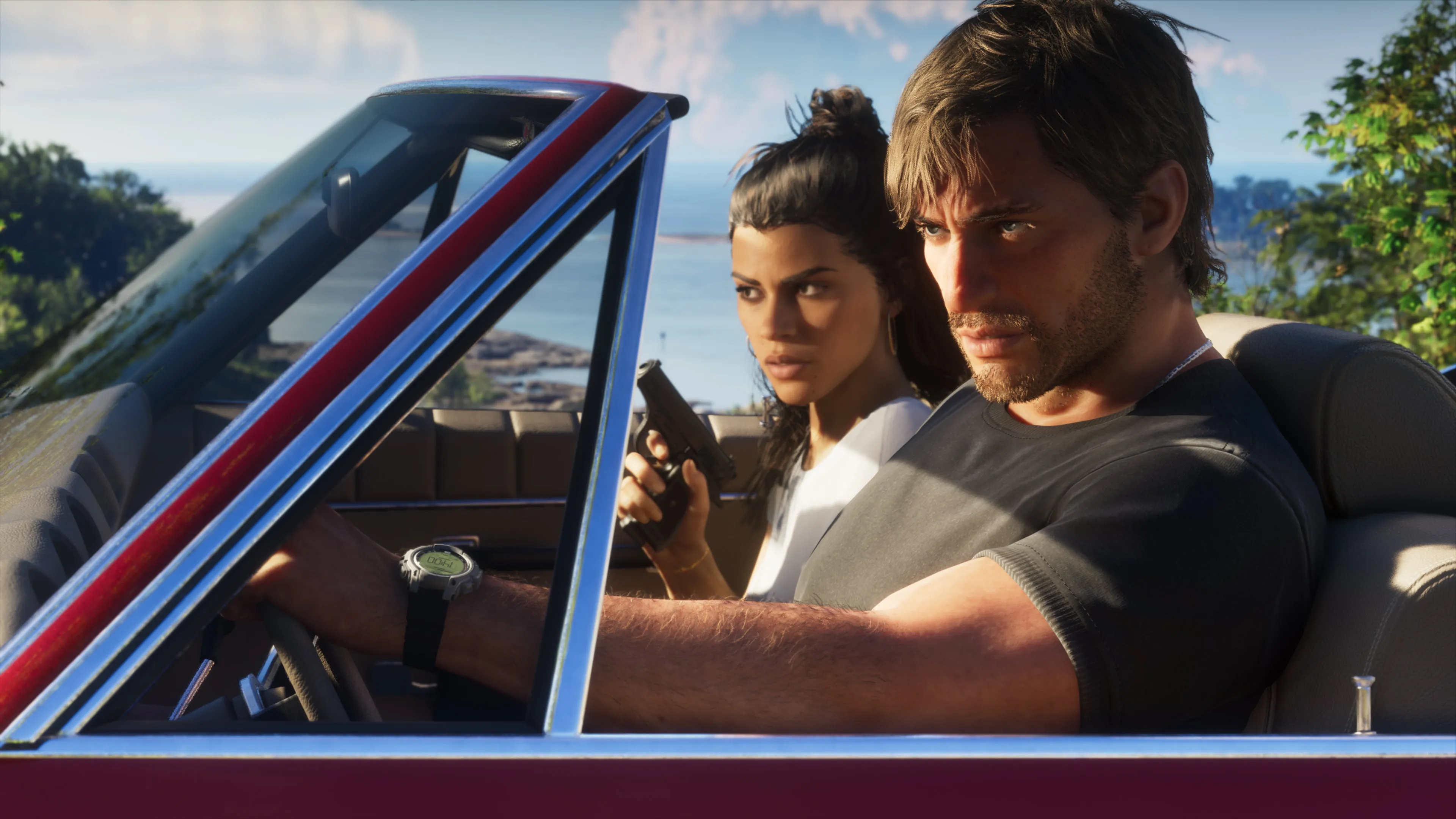 Jason and Lucia in the front seats of a car, Lucia holding a pistol, in GTA 6