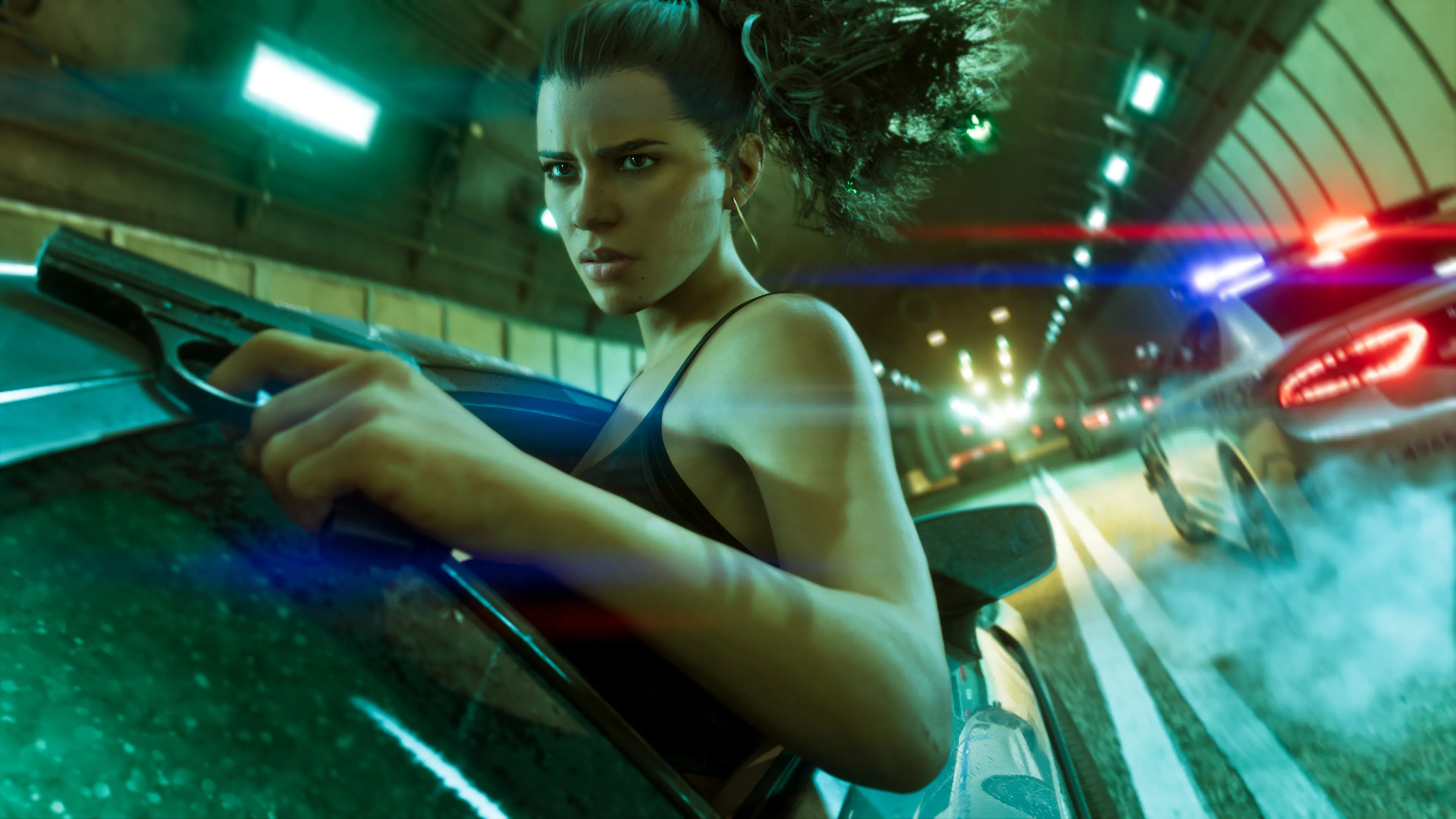 Lucia leaning out of a car window with a shotgun during a police chase in a tunnel