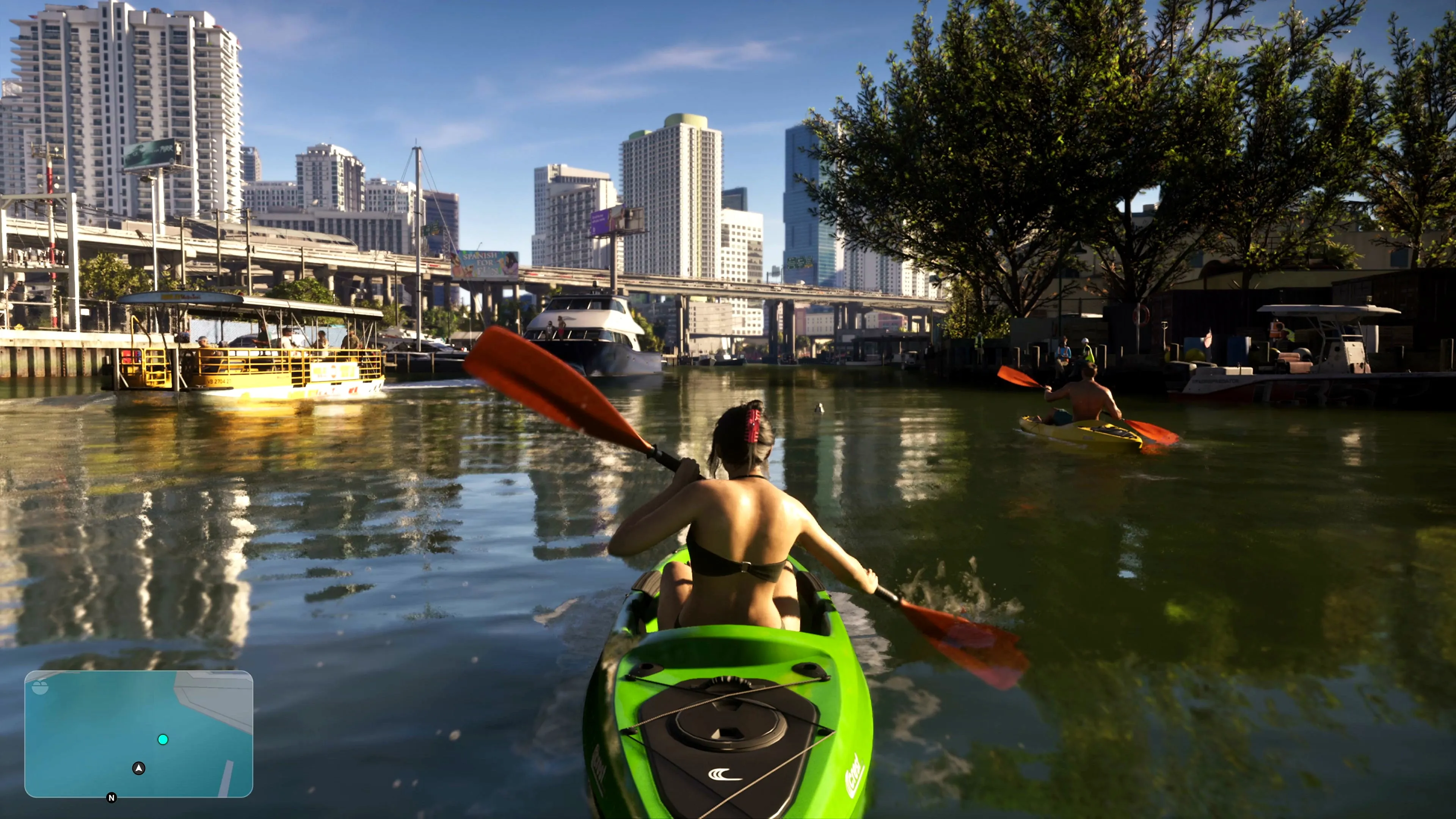A kayak paddled along a sunny Vice City canal in GTA 6