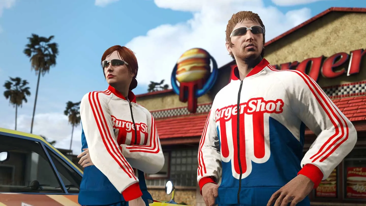 Two GTA Online characters in the Burger Shot Tracksuit outside a Burger Shot