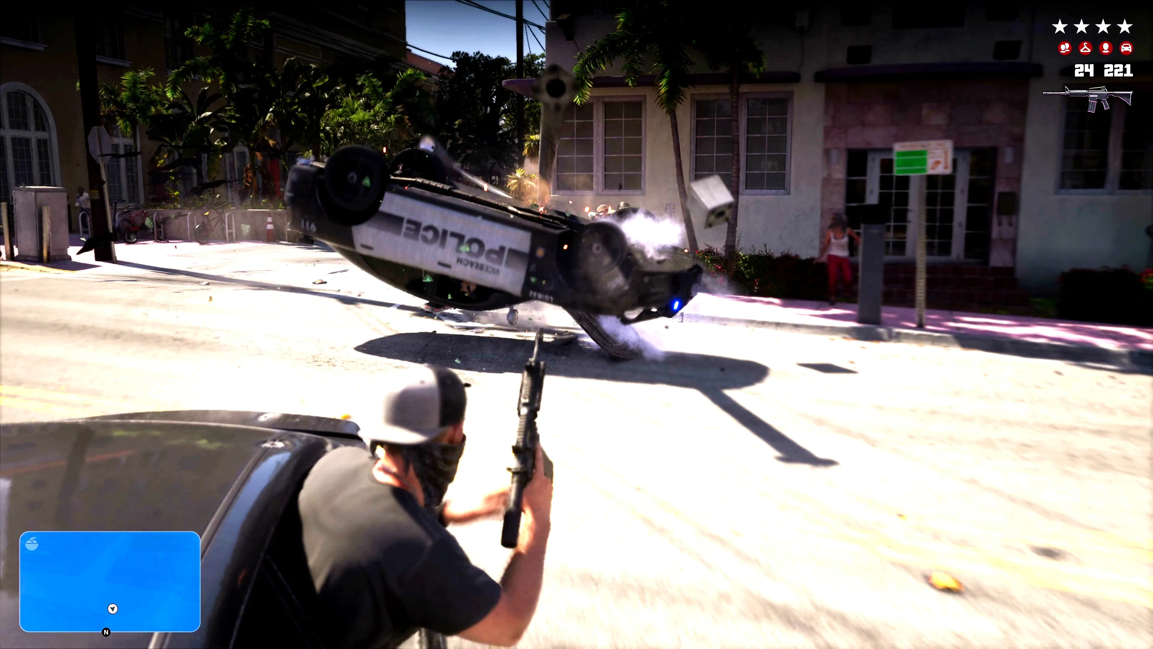 A police cruiser flipping in Vice City