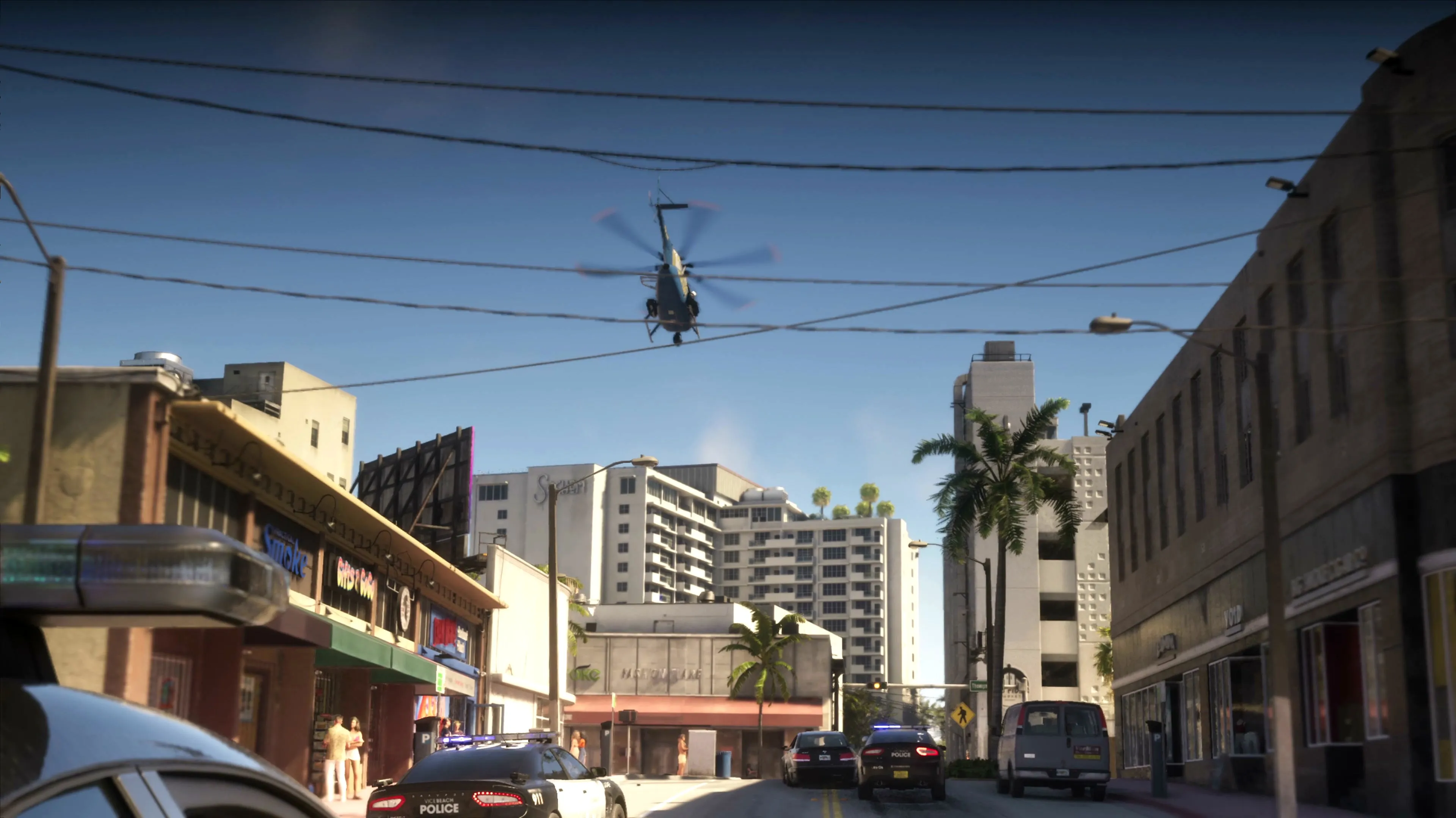 A police helicopter over a Vice City street